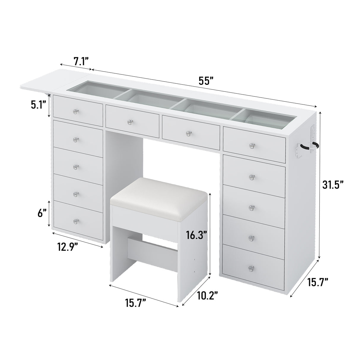 55" W Vanity Desk Without Mirror, 12-Drawer Makeup Vanity with Glass Top & Built-In Charging Station, Large Makeup Table for Bedroom