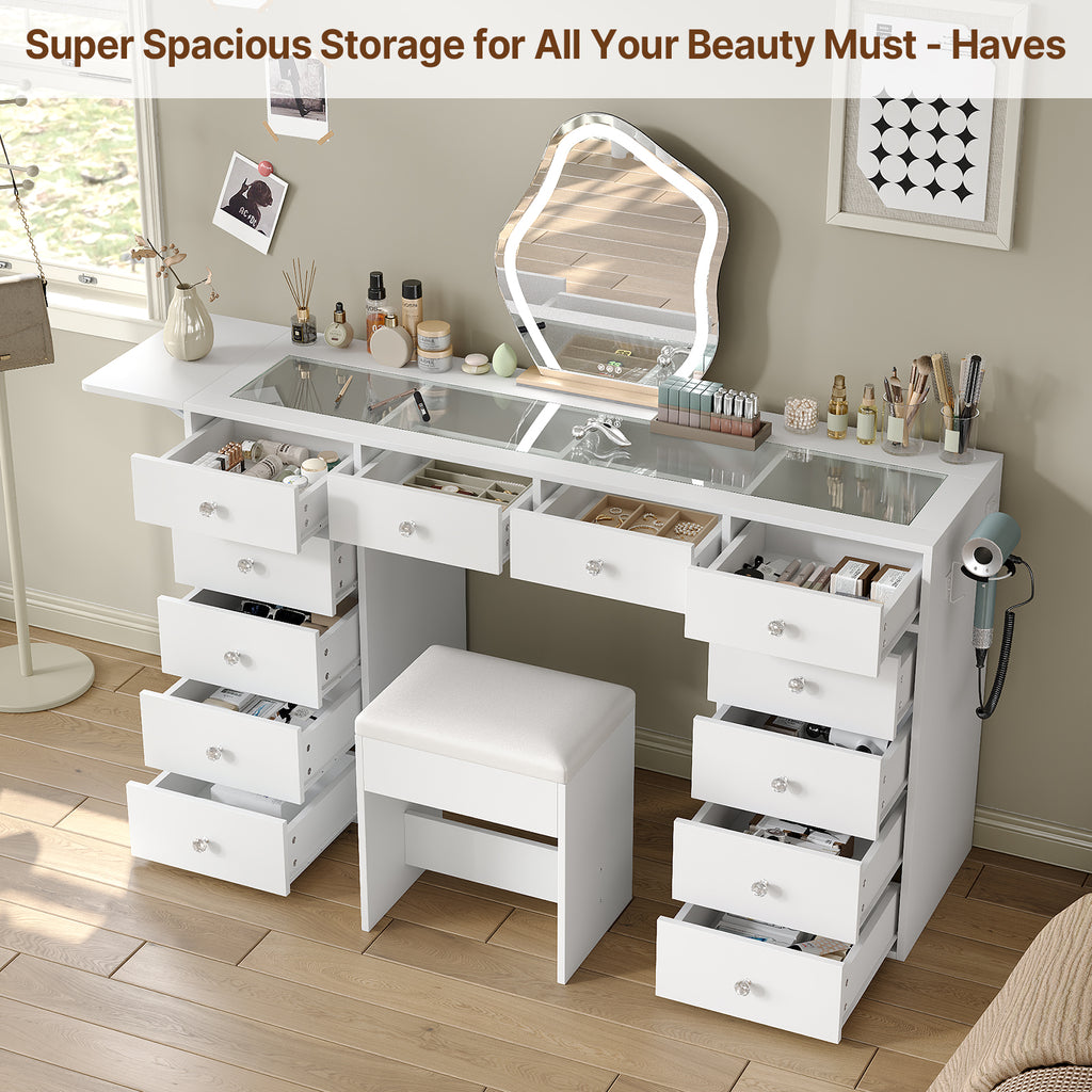 55" W Vanity Desk Without Mirror, 12-Drawer Makeup Vanity with Glass Top & Built-In Charging Station, Large Makeup Table for Bedroom