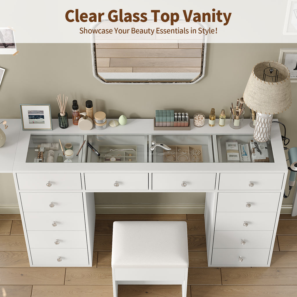 55" W Vanity Desk Without Mirror, 12-Drawer Makeup Vanity with Glass Top & Built-In Charging Station, Large Makeup Table for Bedroom