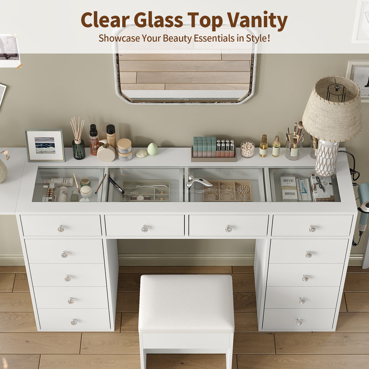 55" W Vanity Desk Without Mirror, 12-Drawer Makeup Vanity with Glass Top & Built-In Charging Station, Large Makeup Table for Bedroom
