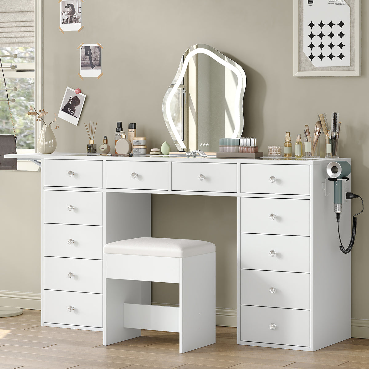 55" W Vanity Desk Without Mirror, 12-Drawer Makeup Vanity with Glass Top & Built-In Charging Station, Large Makeup Table for Bedroom