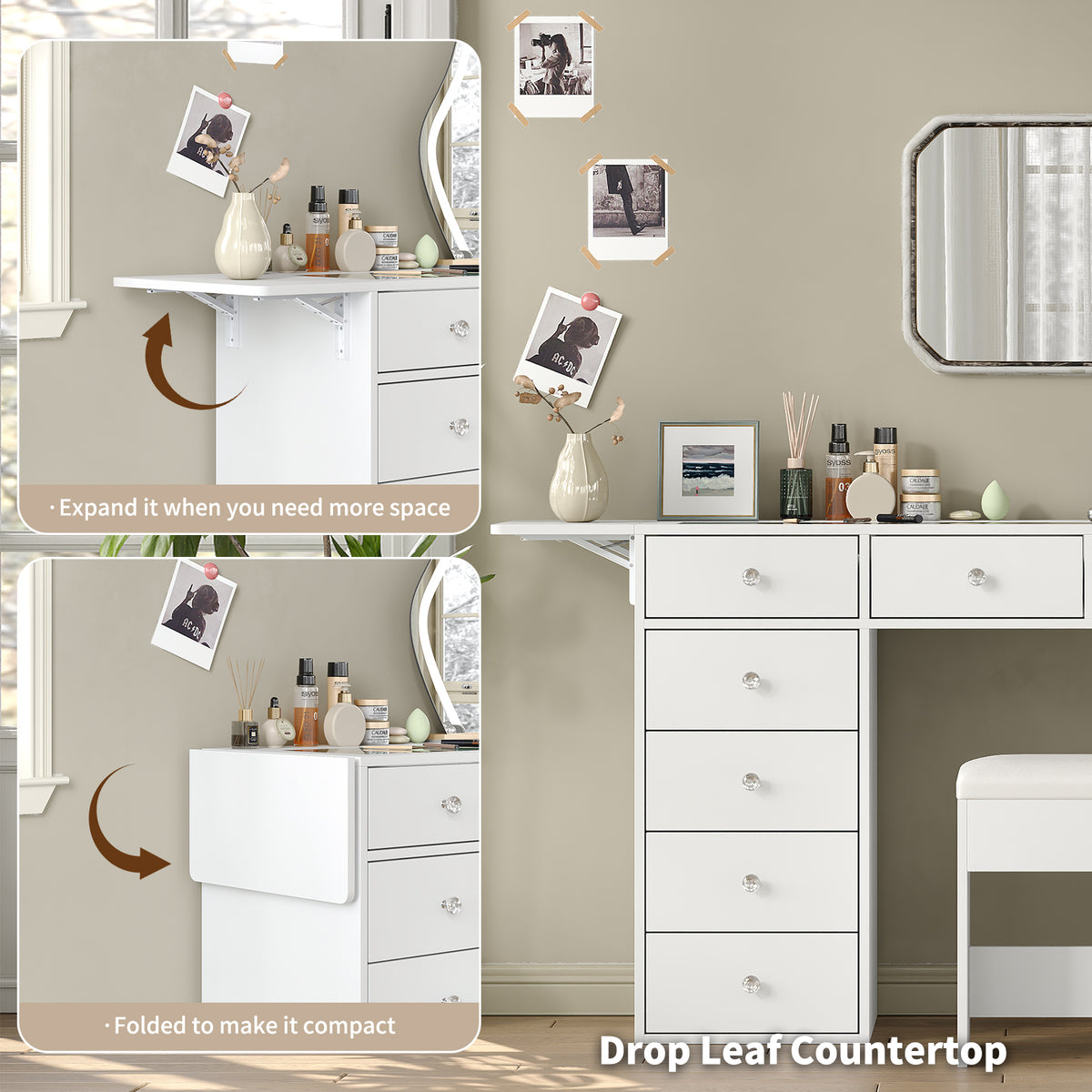 55" W Vanity Desk Without Mirror, 12-Drawer Makeup Vanity with Glass Top & Built-In Charging Station, Large Makeup Table for Bedroom