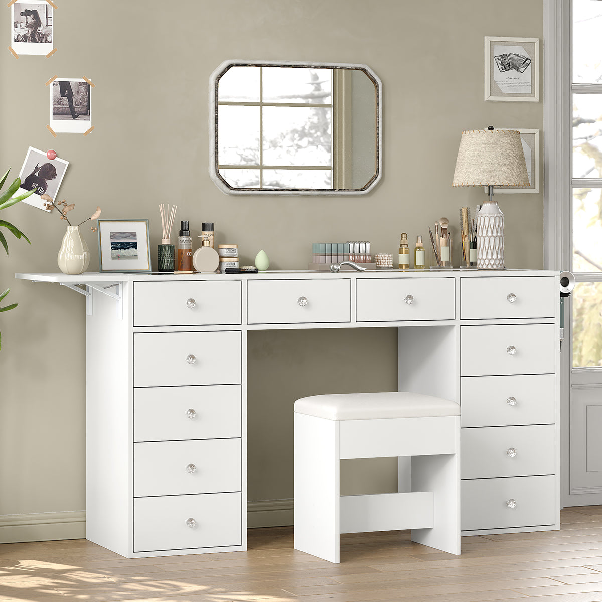 55" W Vanity Desk Without Mirror, 12-Drawer Makeup Vanity with Glass Top & Built-In Charging Station, Large Makeup Table for Bedroom