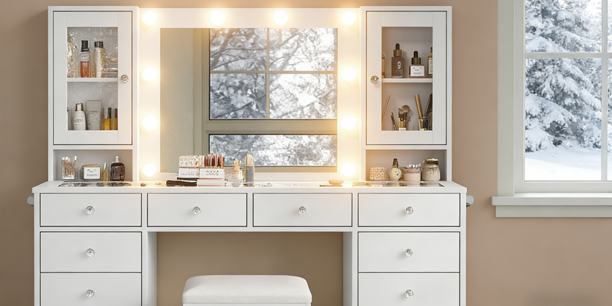 VD012 Bedroom Makeup Vanity desk with LED Mirror, 12 Drawers