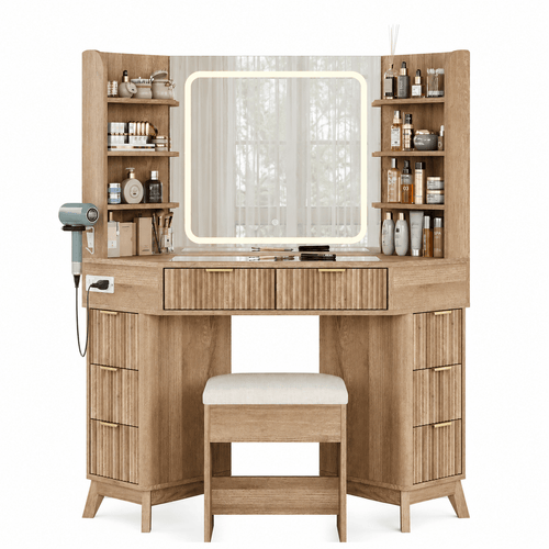 47"Corner Vanity Desk with Mirror & Lights, 8 Drawers - Vektaya - VektayaVanity MirrorUS-VD042-NR