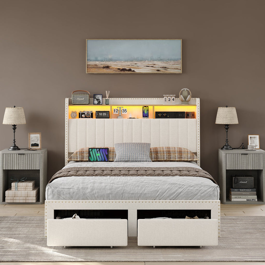 Queen LED Bed Frame with LED, USB Charging, Storage Drawers White