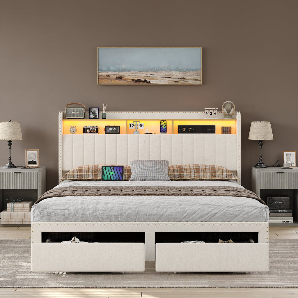 Queen LED Bed Frame with LED, USB Charging, Storage Drawers White