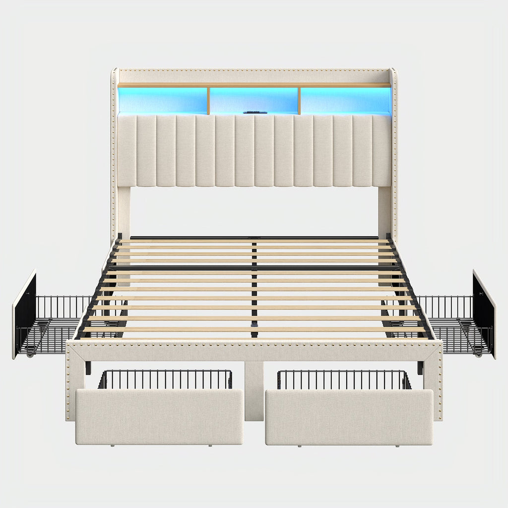 Queen LED Bed Frame with LED, USB Charging, Storage Drawers White