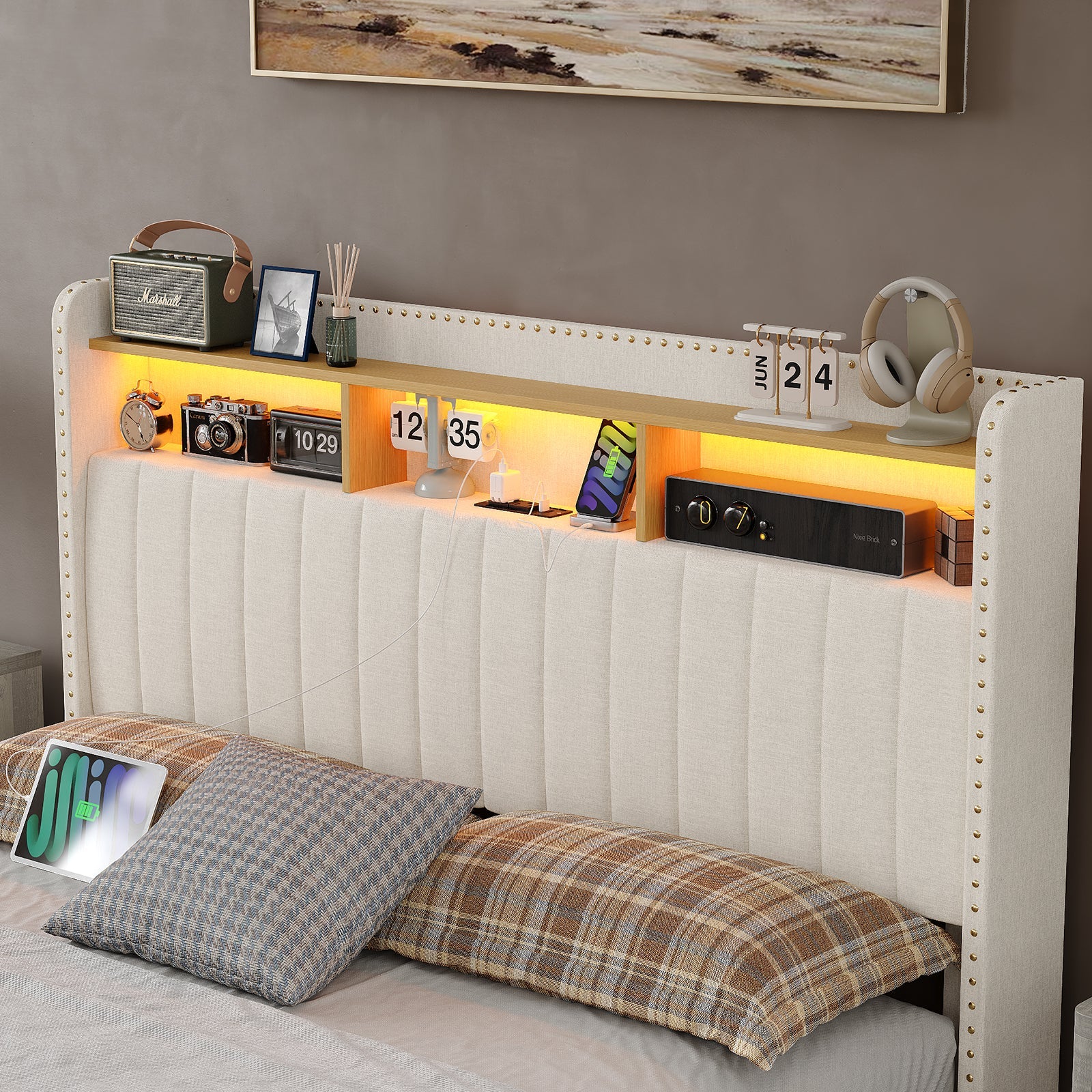 Queen LED Bed Frame with LED, USB Charging, Storage Drawers White
