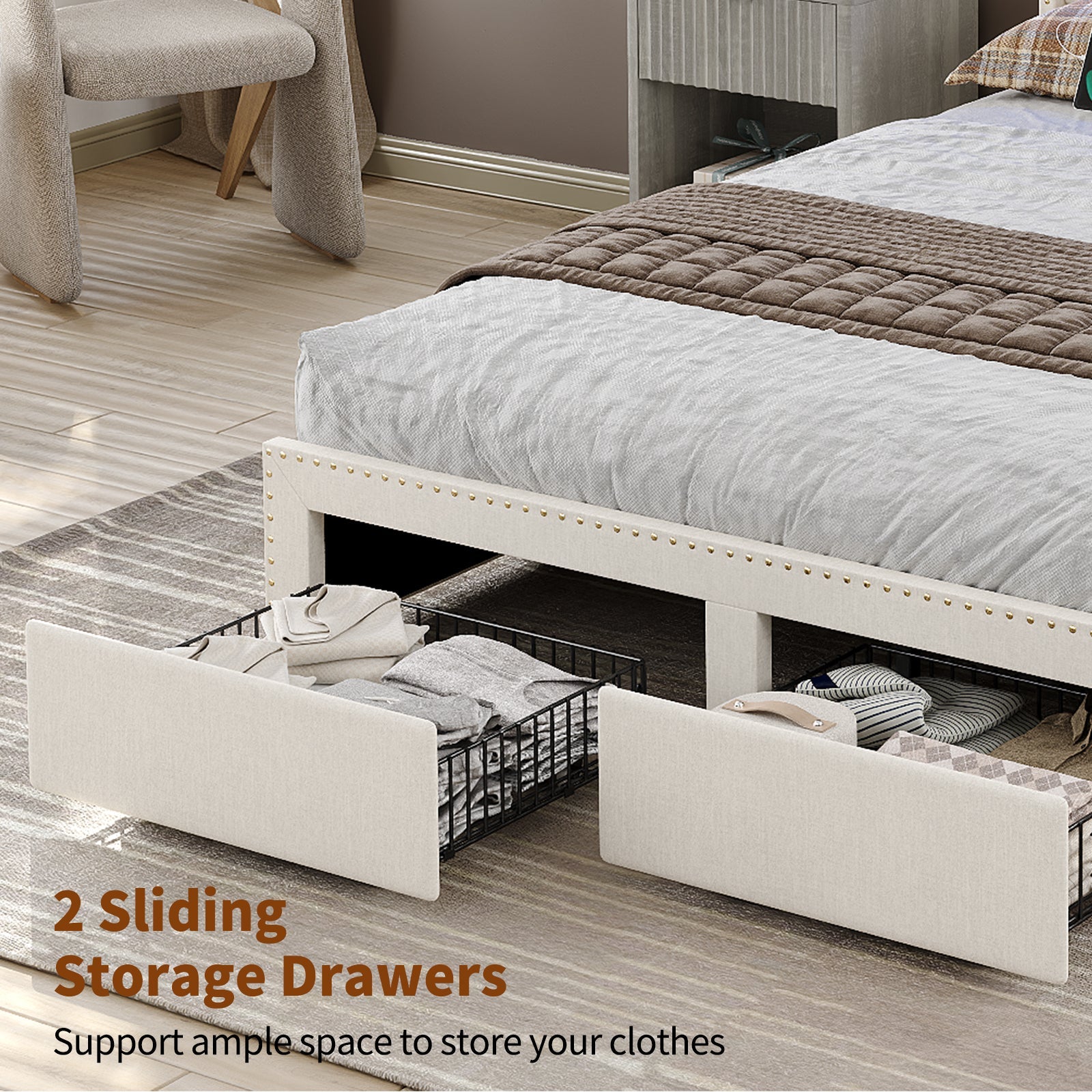 Queen LED Bed Frame with LED, USB Charging, Storage Drawers White