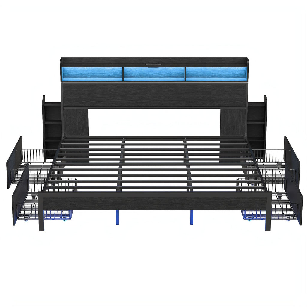 Full Bed Frame with Nightstands with USB Charging, No Box Spring Needed Black