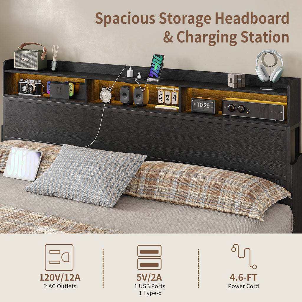 Full Bed Frame with Nightstands with USB Charging, No Box Spring Needed Black