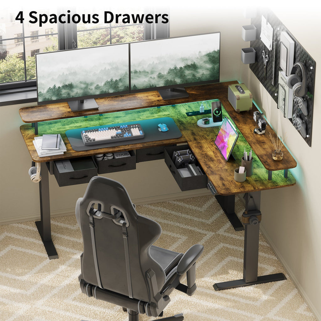 Electric Standing Desk with RGB LED with Monitor Stand Rustic Brown