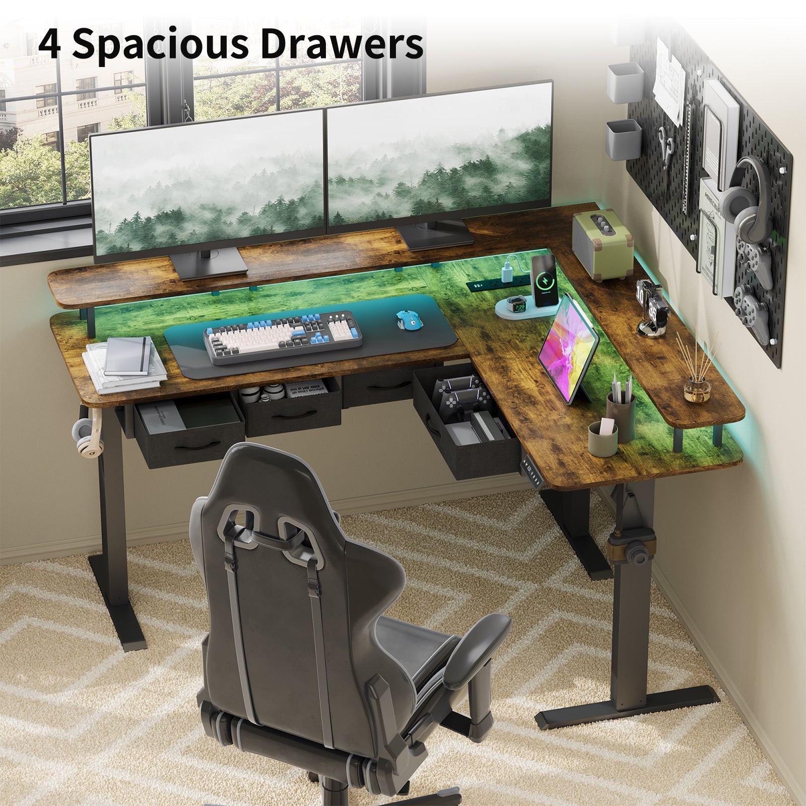 Electric Standing Desk with RGB LED with Monitor Stand Rustic Brown