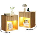 Fluted LED Nightstand with Charging Station, Drawer Side Tables, Oak