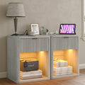 Fluted LED Nightstand with Charging Station, Drawer Side Tables, Oak