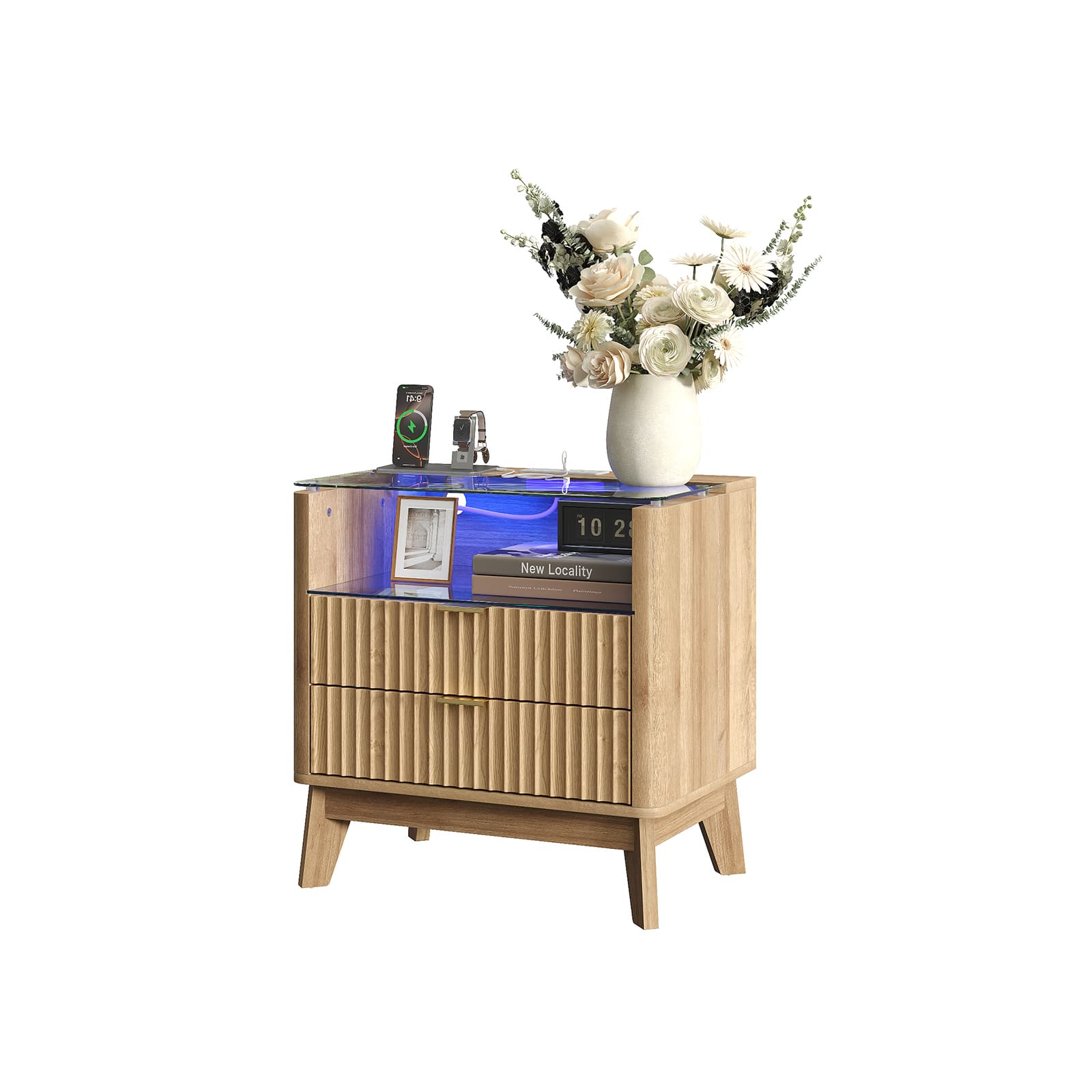 23" Fluted LED Nightstand with Charging Station, Drawers, Oak