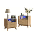 23" Fluted LED Nightstand with Charging Station, Drawers, Oak