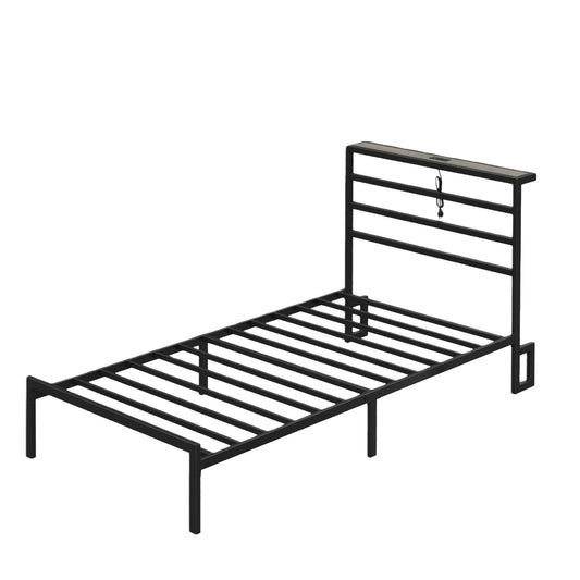 Vektaya US - BF006 - GR - T Twin Classic Metal Bed Frame with LED Lights & Charging - VektayaFurnitureUS-BF006-GR-T