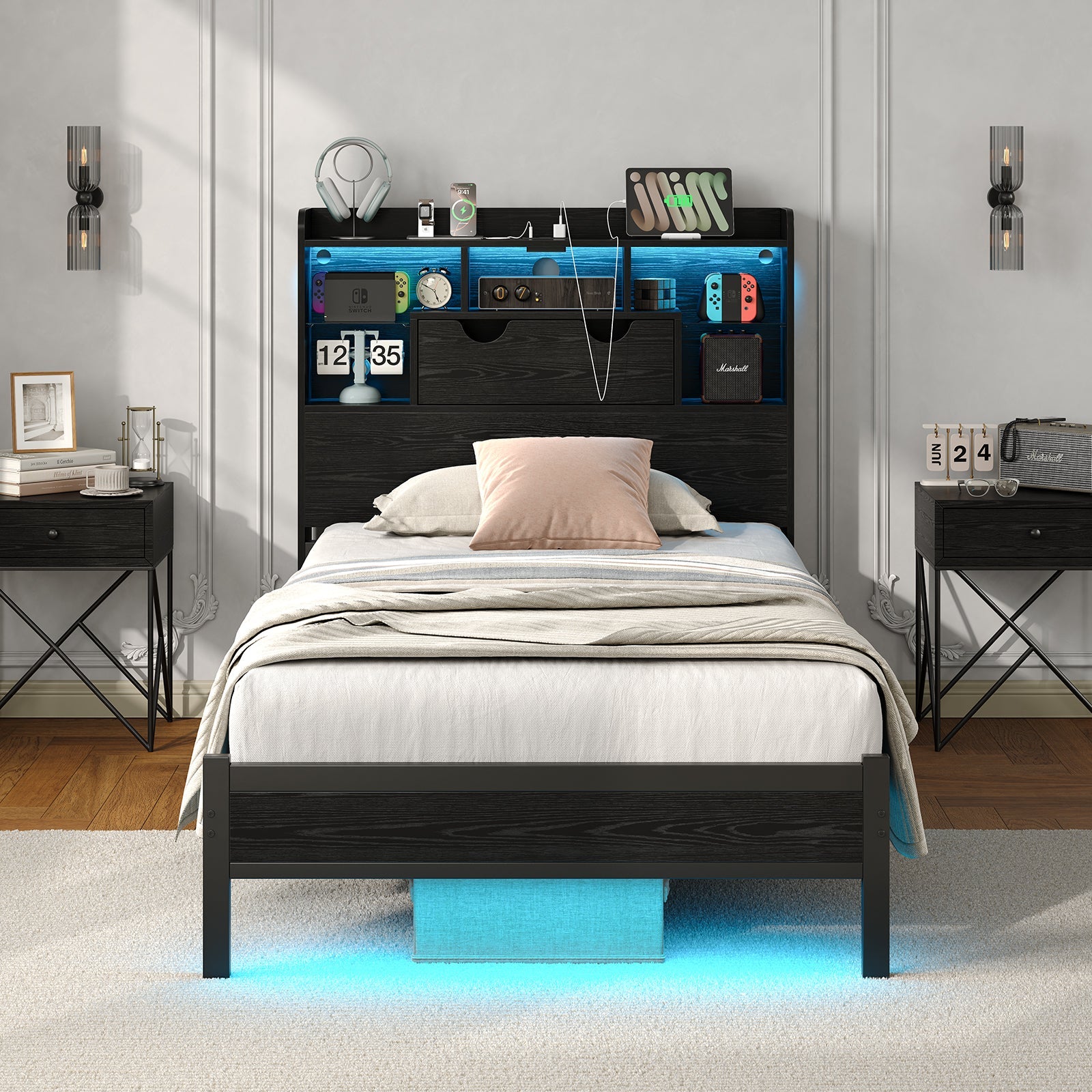 Vektaya US-BF007-BL-T Twin LED Bed Frame with Charging, Storage