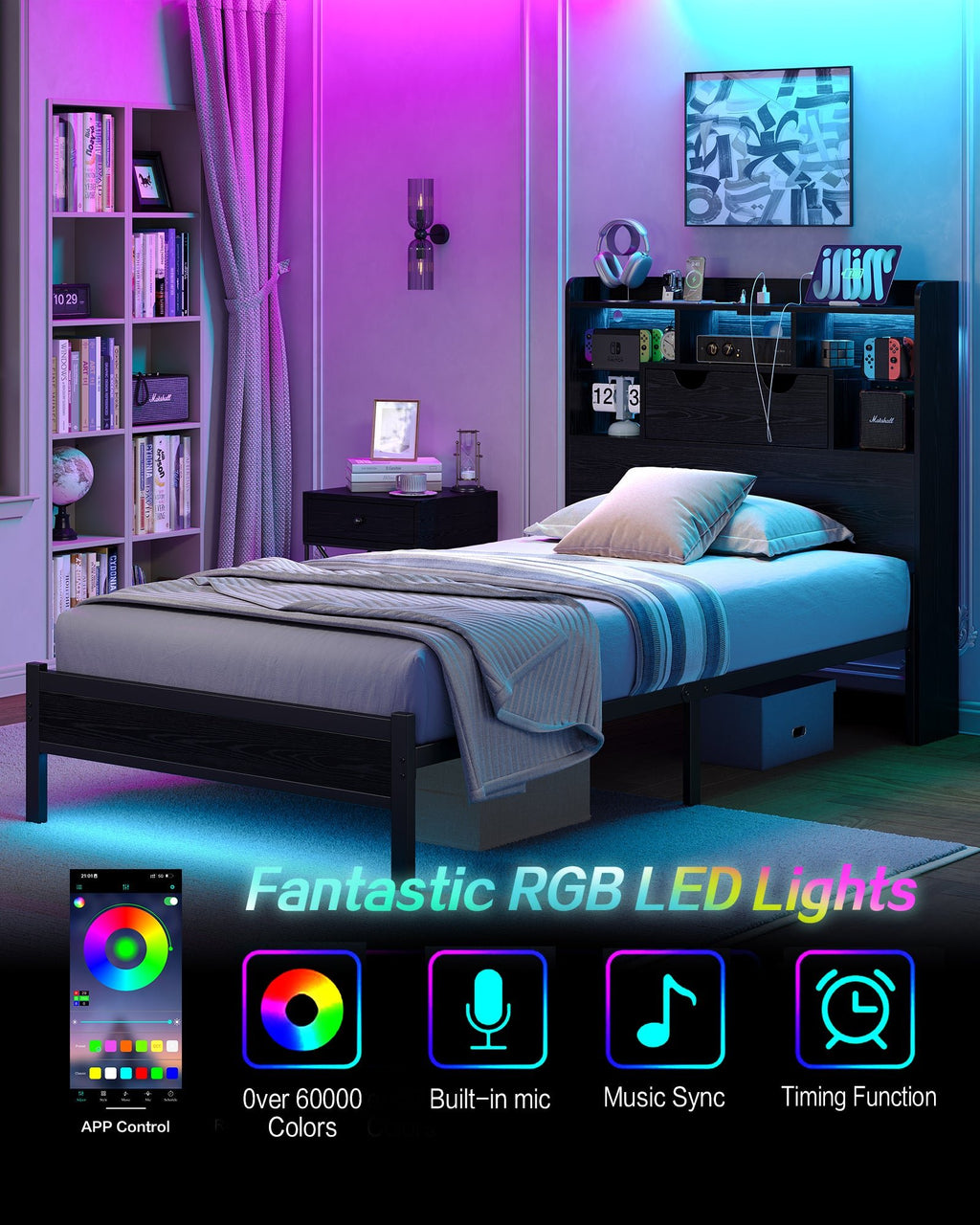 Twin LED Bed Frame with LED, USB Charging, No Box Spring Needed