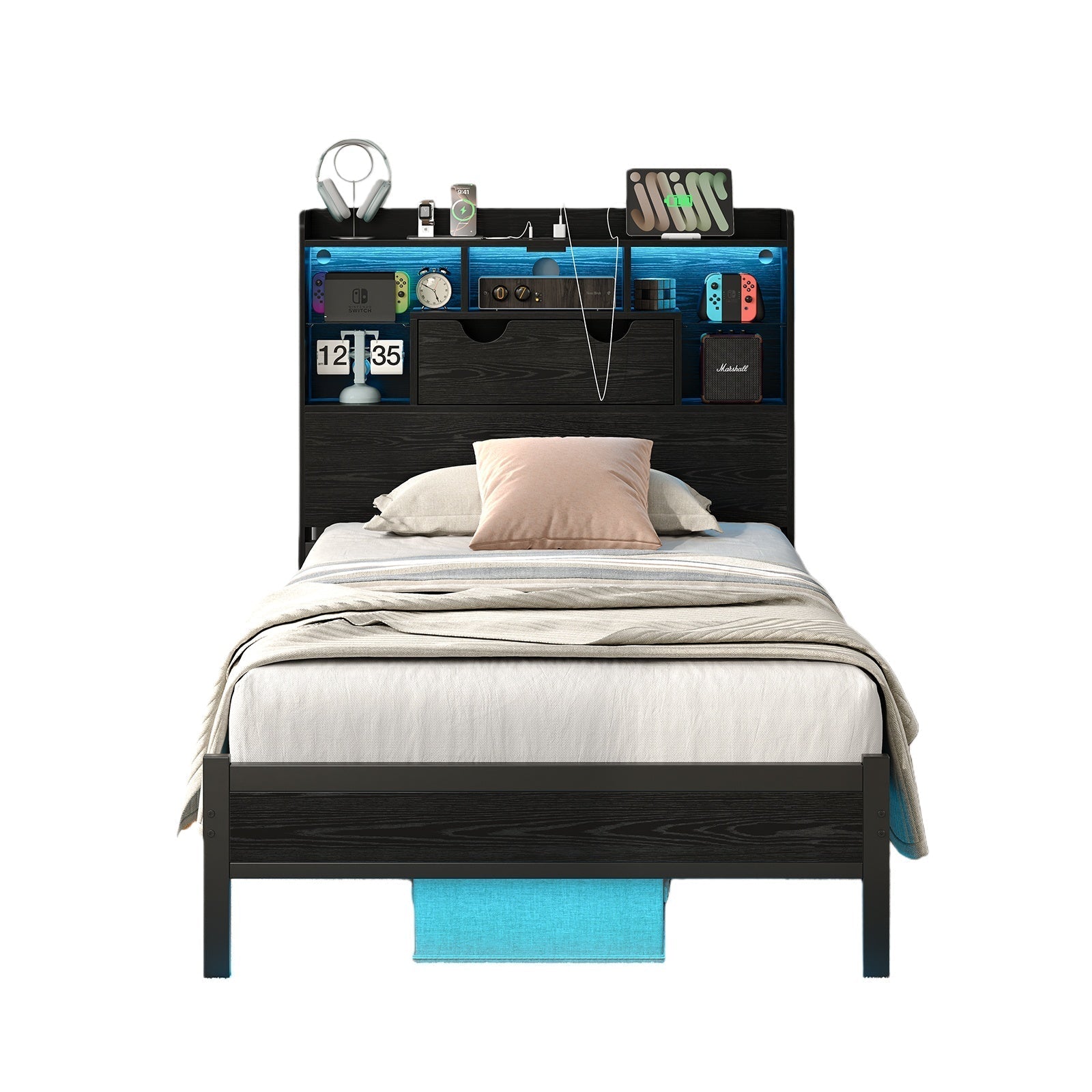 Vektaya US - BF007 - BL - T Twin LED Bed Frame with Charging, Storage, No Box Spring Needed - VektayaFurnitureUS-BF007-BL-T
