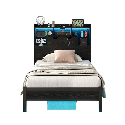 Vektaya US - BF007 - BL - T Twin LED Bed Frame with Charging, Storage, No Box Spring Needed - VektayaFurnitureUS-BF007-BL-T