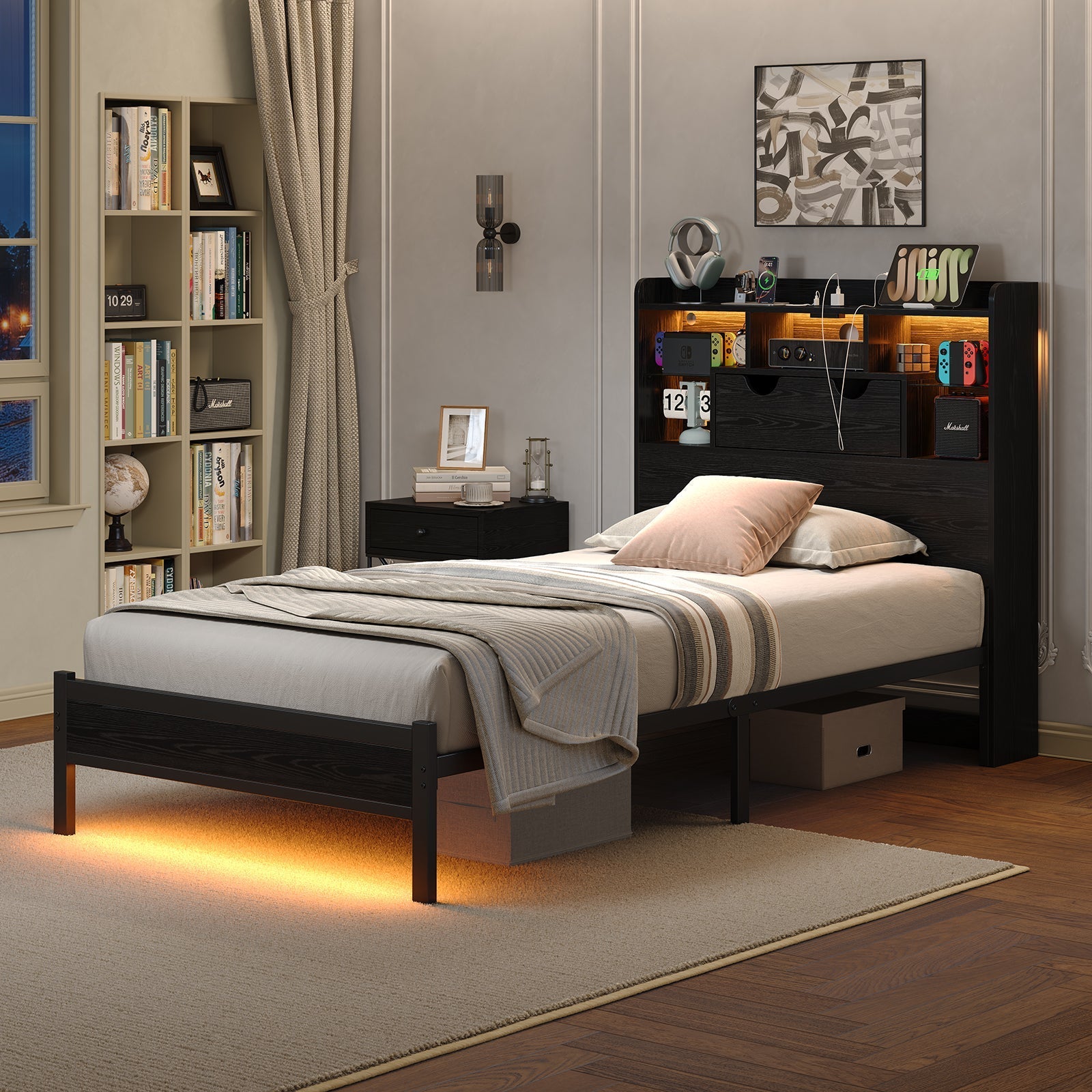 Vektaya US - BF007 - BL - T Twin LED Bed Frame with Charging, Storage, No Box Spring Needed - VektayaFurnitureUS-BF007-BL-T