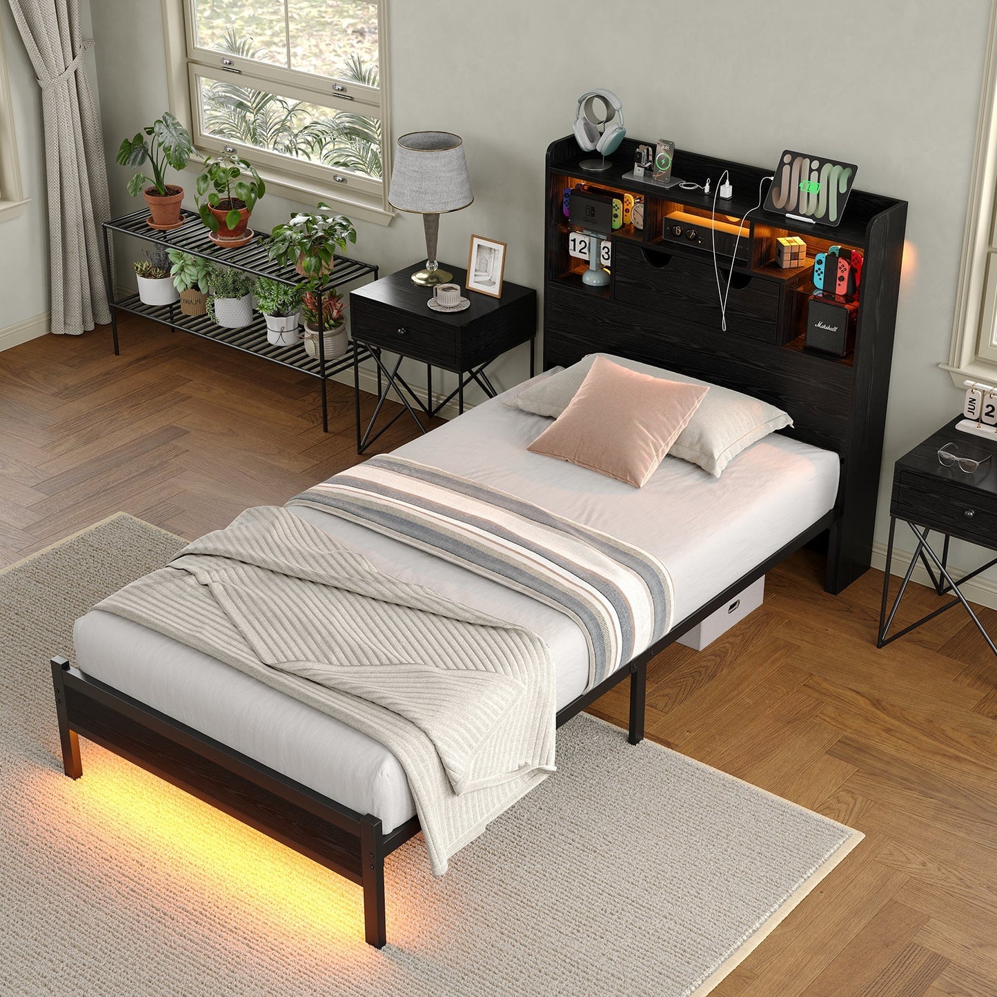 Vektaya US - BF007 - BL - T Twin LED Bed Frame with Charging, Storage, No Box Spring Needed - VektayaFurnitureUS-BF007-BL-T