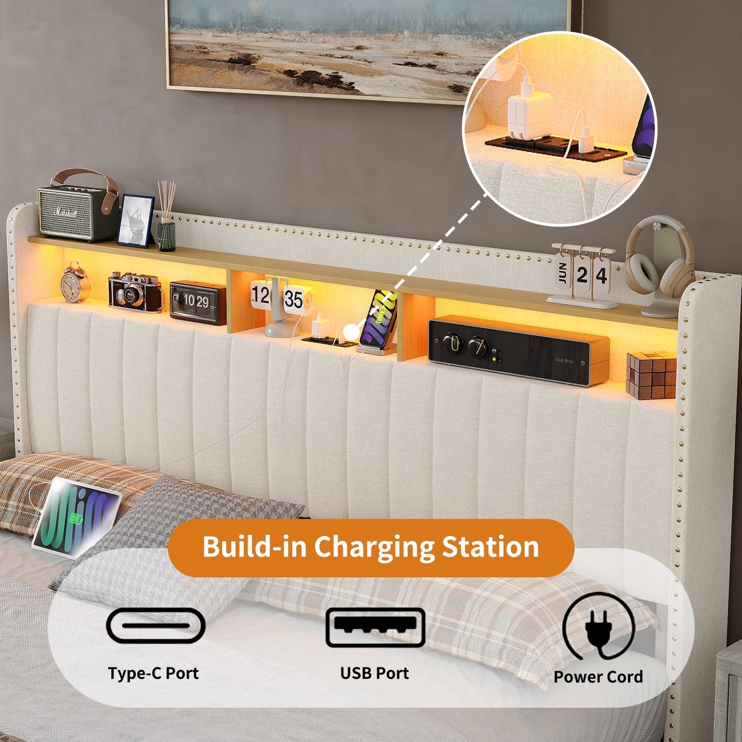 Vektaya US - BF009 - WH Queen/King Bed Frame 6 Drawers,Headboard,Lights,Charging,White. - VektayaFurnitureUS-BF009-WH-K-1