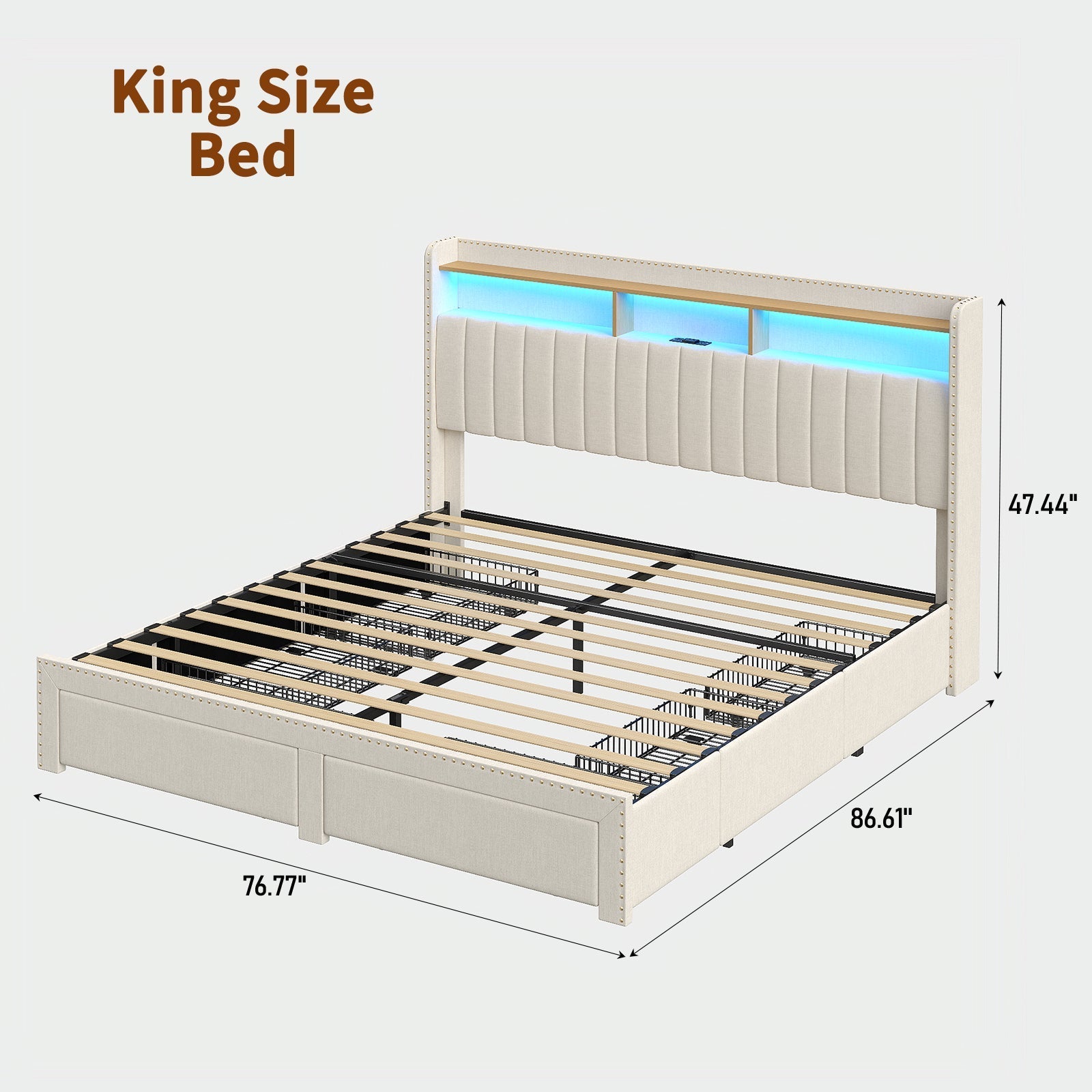 Vektaya US - BF009 - WH Queen/King Bed Frame 6 Drawers,Headboard,Lights,Charging,White. - VektayaFurnitureUS-BF009-WH-K-1