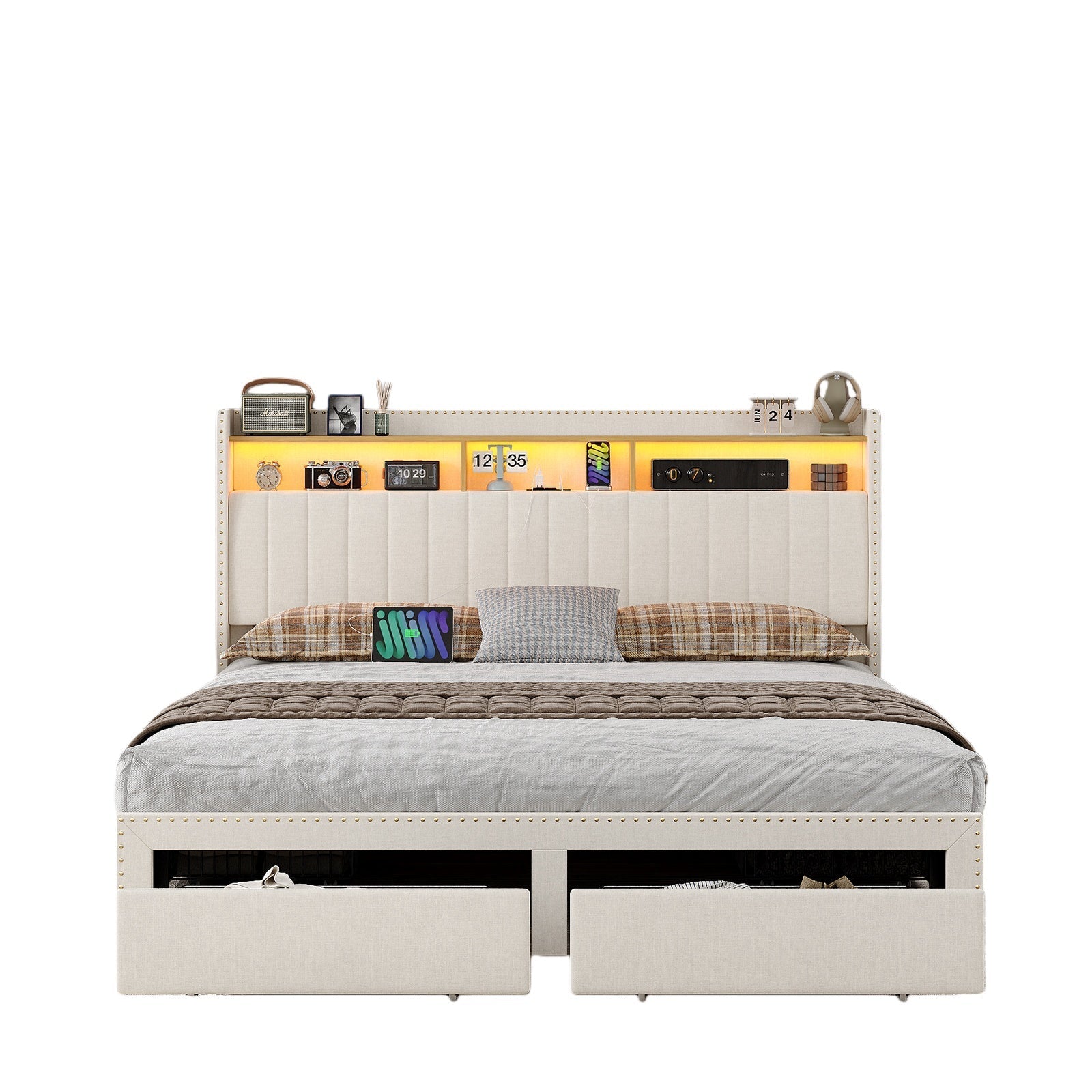 Vektaya US - BF009 - WH Queen/King Bed Frame 6 Drawers,Headboard,Lights,Charging,White. - VektayaFurnitureUS-BF009-WH-K-1