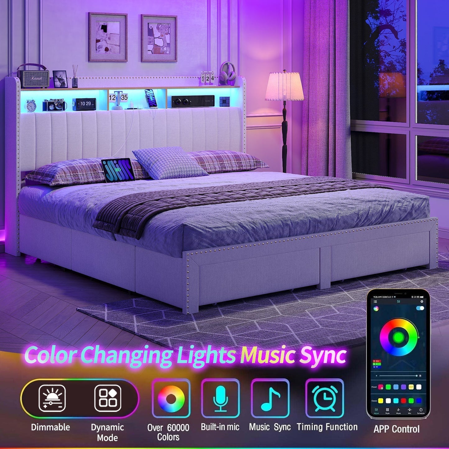 Vektaya US - BF009 - WH Queen/King Bed Frame 6 Drawers,Headboard,Lights,Charging,White. - VektayaFurnitureUS-BF009-WH-K-1