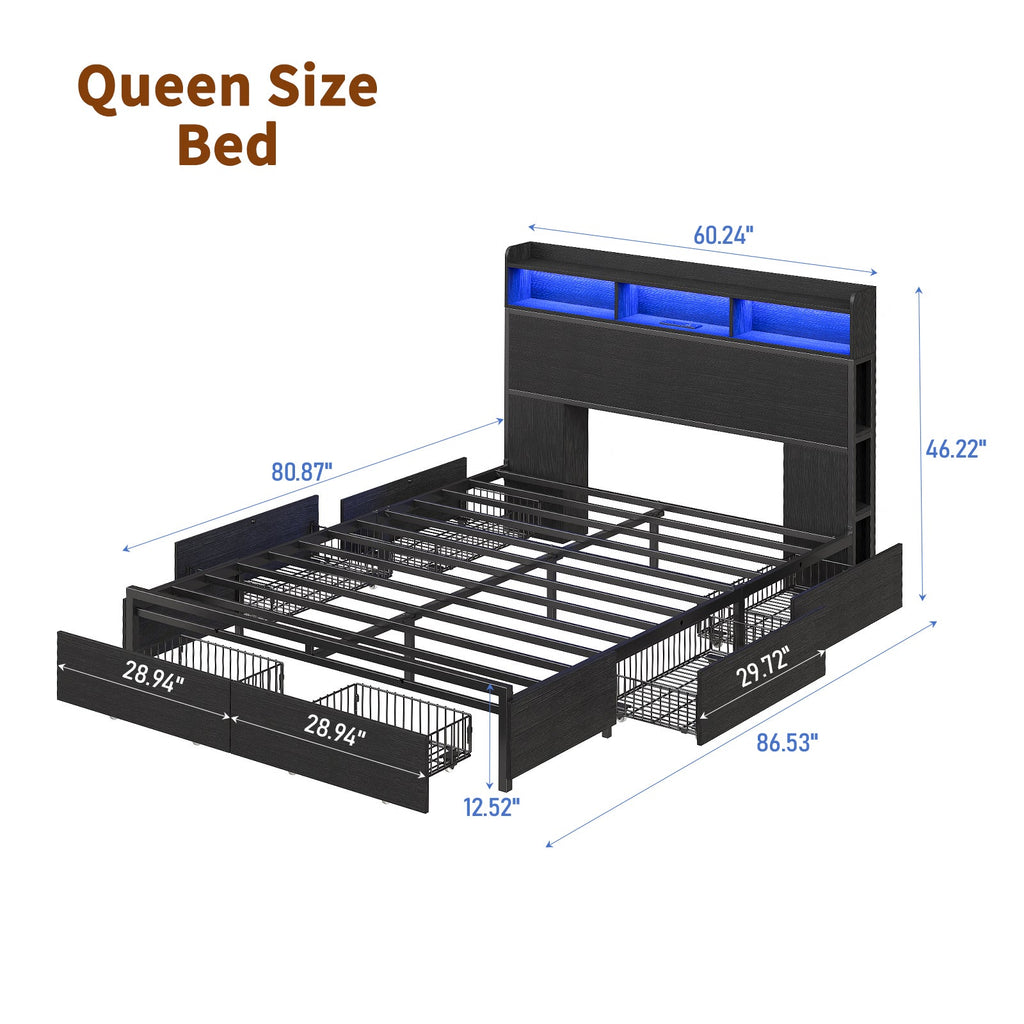 Full Metal Bed Frame with USB Charging, Storage Drawers, No Box Spring Needed Black