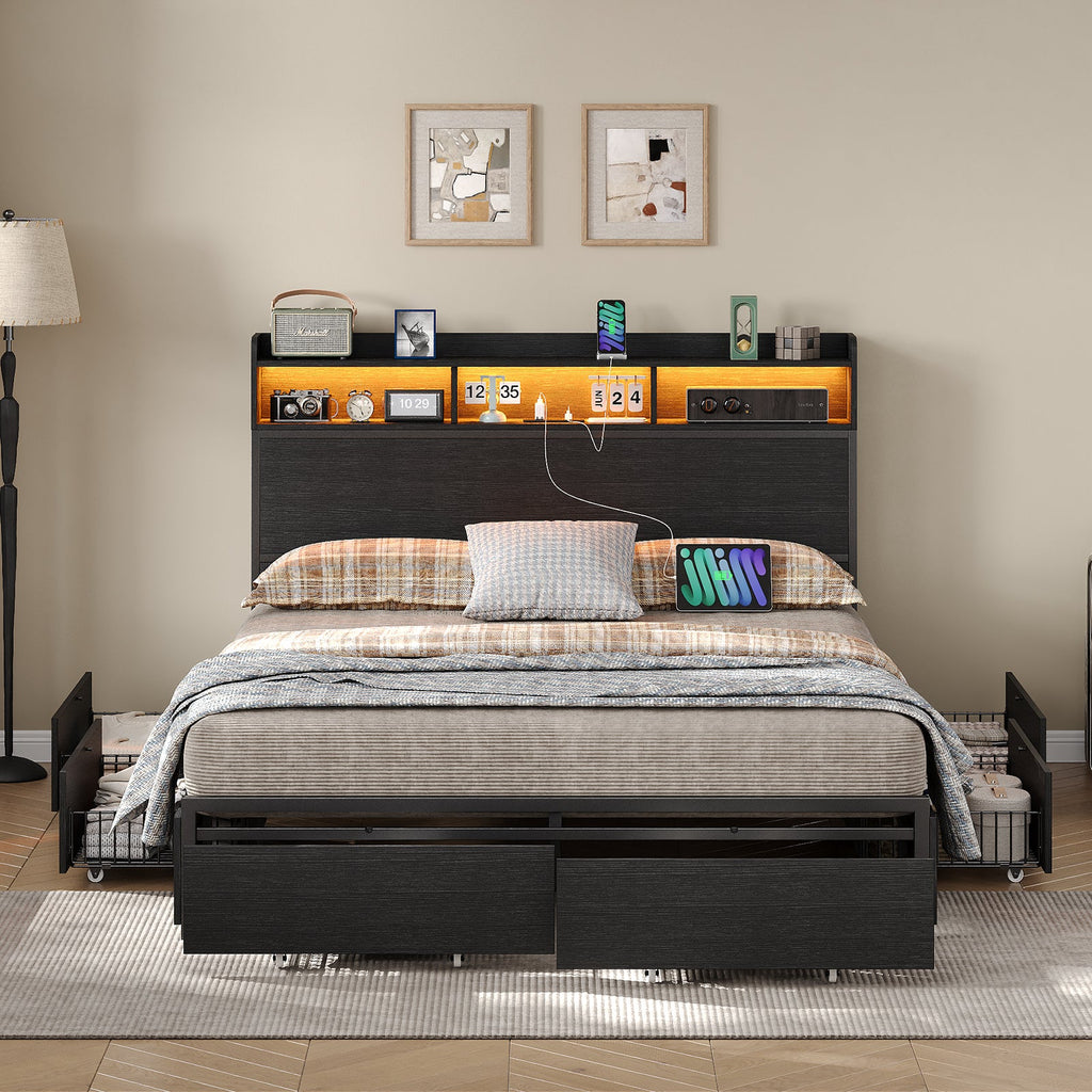 Full Metal Bed Frame with USB Charging, Storage Drawers, No Box Spring Needed Black