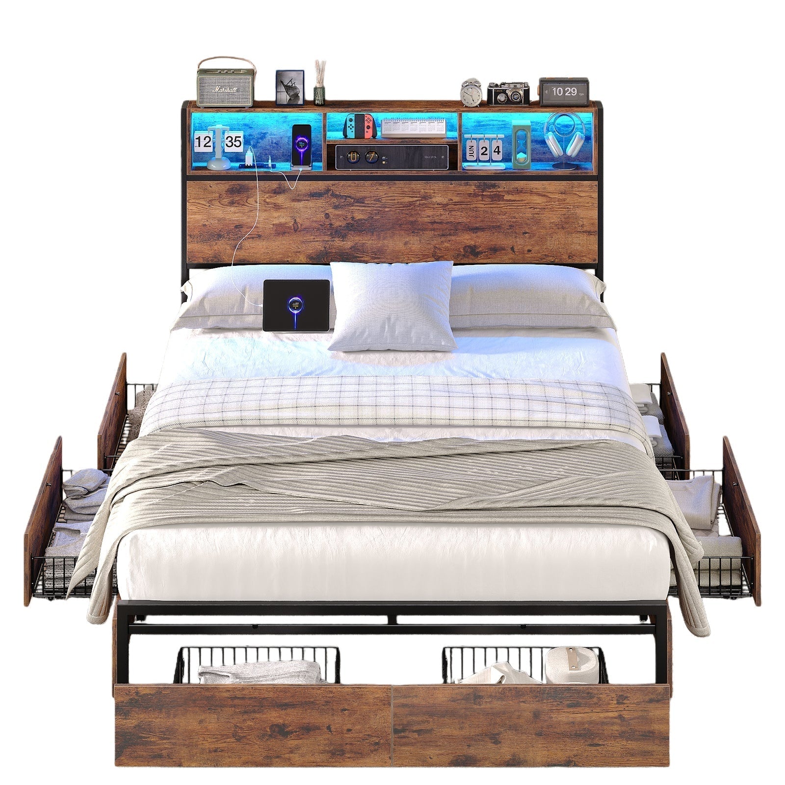 Vektaya US - BF012 - BR Full/Queen/King Bed Frame with LED Headboard, Charging Ports, 6 Storage Drawers, Shelf, Easy Assembly, No Box Spring Needed - VektayaFurnitureUS-BF012-BR-1