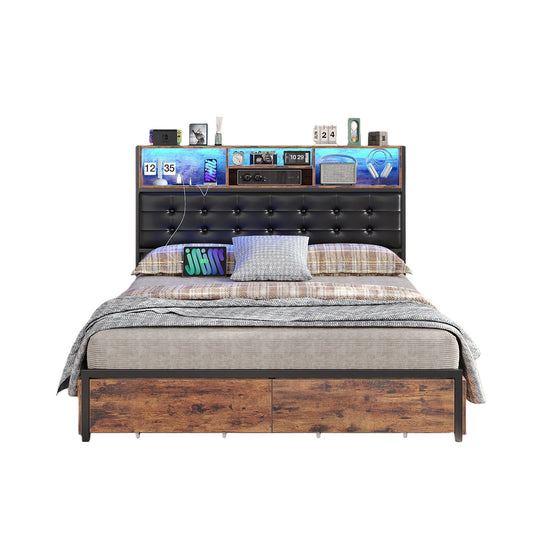 Vektaya US - BF013 - BR Full/Queen/King Bed Frame with RGB LED Headboard, Charging, 6 Drawers, Upholstered, Heavy - Duty, Easy Assembly, No Box Spring - VektayaFurnitureUS-BF013-BR-1