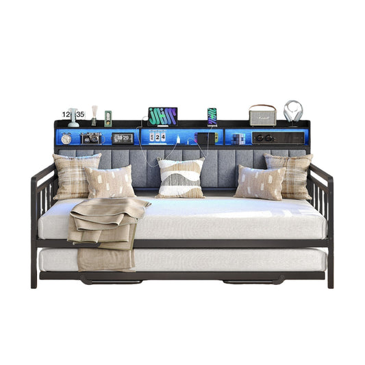 Vektaya US - BF014 Bed Frame with RGB lights, Charging Station,Storage Headboard.,No Box Spring Needed.Black - VektayaFurnitureUS-BF014