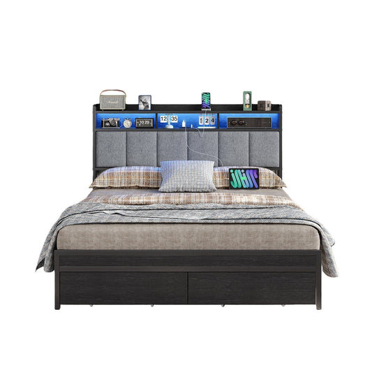 Vektaya US - BF016 - BL Full/Queen Bed Frame with RGB LED Headboard, Charging Station, 2 Drawers, 2 USB & 2 AC Outlets, Easy Assembly, No Box Spring, Black - VektayaFurnitureUS-BF016-BL-1