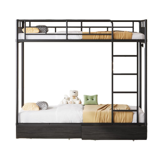 Vektaya US - BF018 - BL Twin/Full Metal Bunk Bed with LED, Charging Station, 2 Drawers, Guard Rails & Ladder, No Box Spring, Black - VektayaFurnitureUS-BF018-BL-1