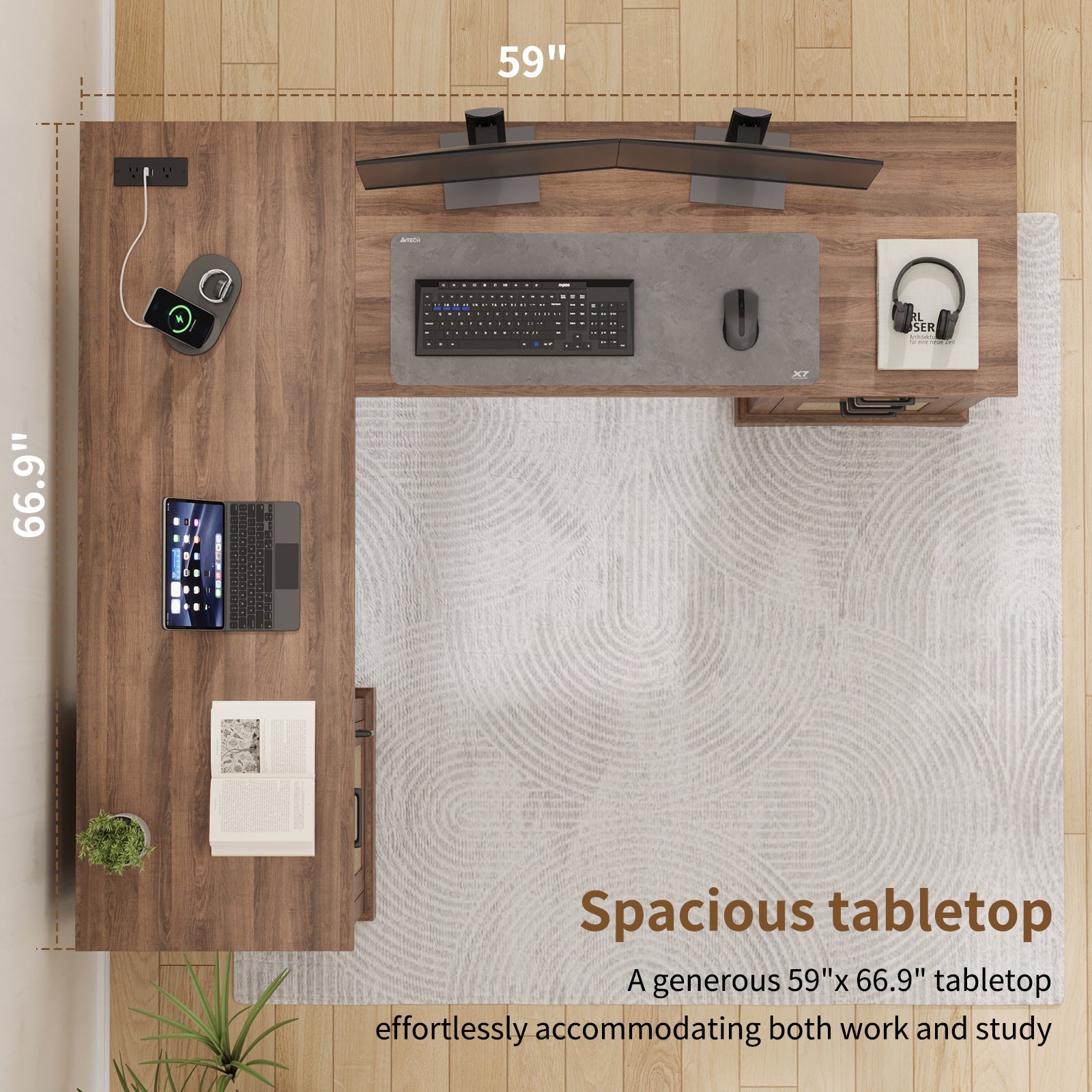 59" L-Shaped Corner Desk with 3 Drawers, Power Outlets, White