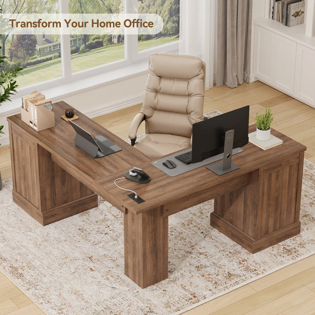 59" L-Shaped Corner Desk with 3 Drawers, Power Outlets, White