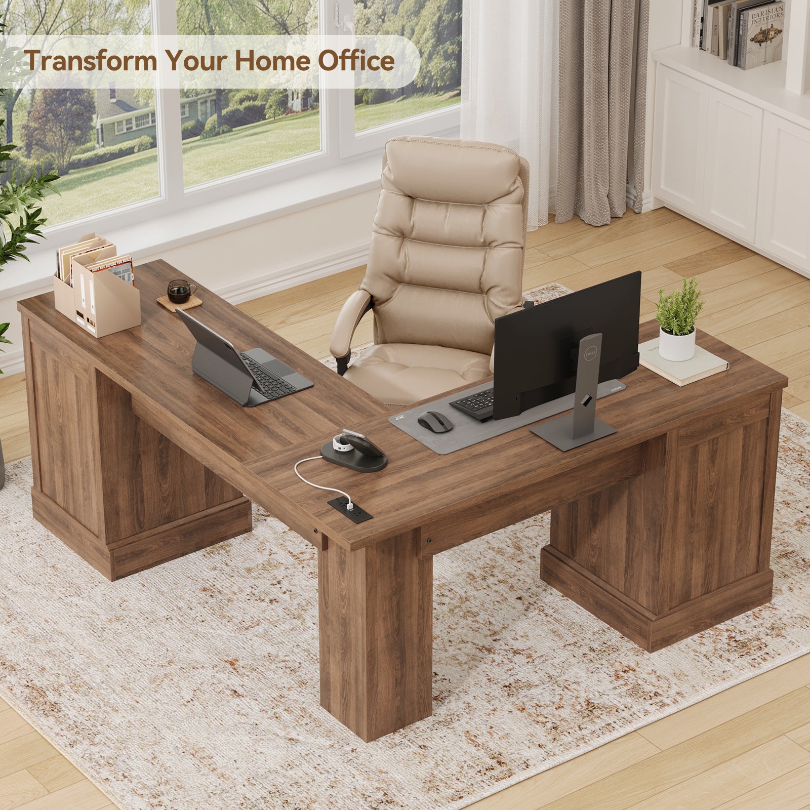 59" L-Shaped Corner Desk with 3 Drawers, Power Outlets, White