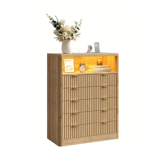 Vektaya US - NS010 - NR Fluted Nightstand with LED & Charging Station, 5 - Drawer Tall Organizer, Oak - VektayaFurnitureUS-NS010-NR-1