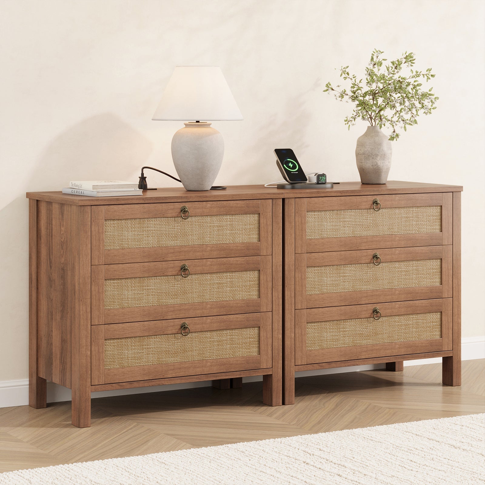 Vektaya US-NS014-NR Rattan Nightstand with Charging Station & 3