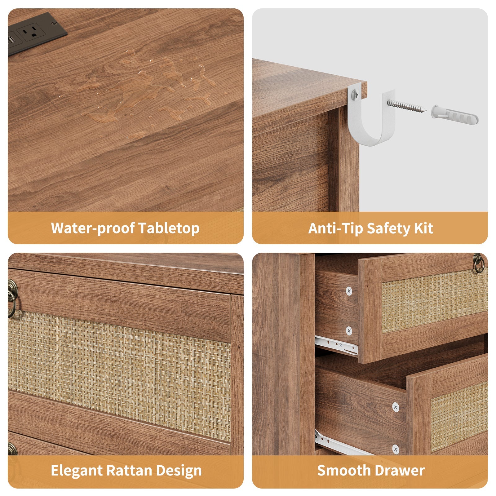 Vektaya US-NS014-NR Rattan Nightstand with Charging Station & 3