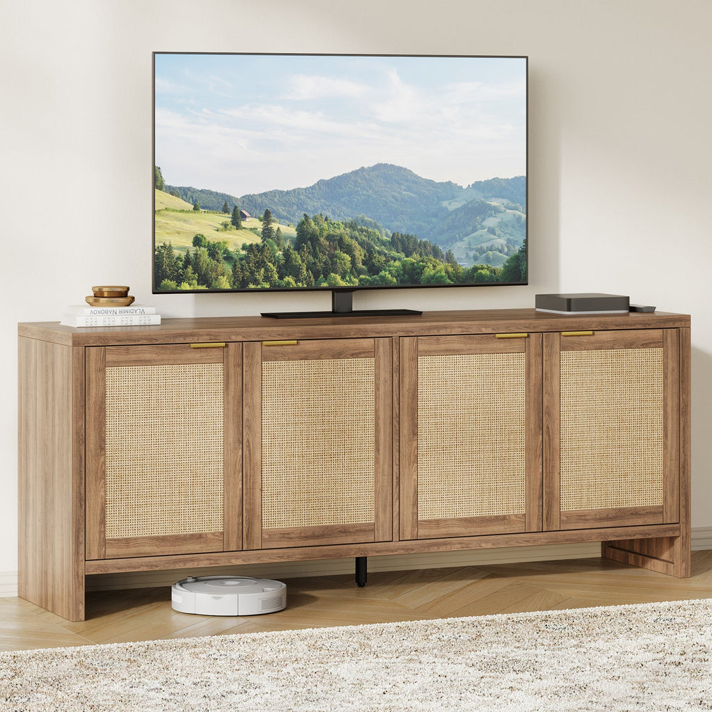 61.5" Rattan TV Stand for TVs up to 65", 4-Door, Walnut