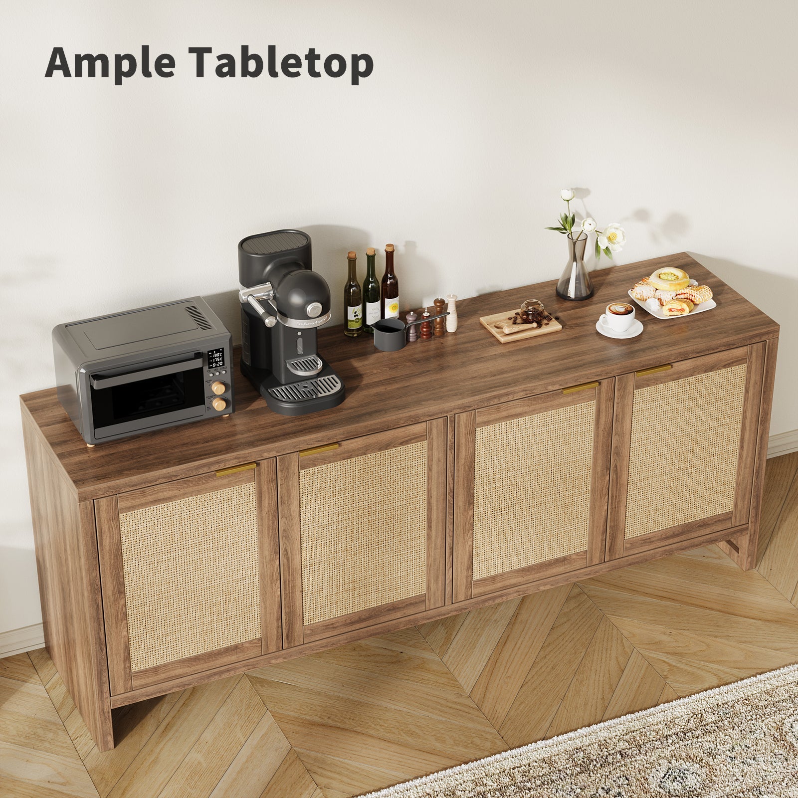 61.5" Rattan TV Stand for TVs up to 65", 4-Door, Walnut