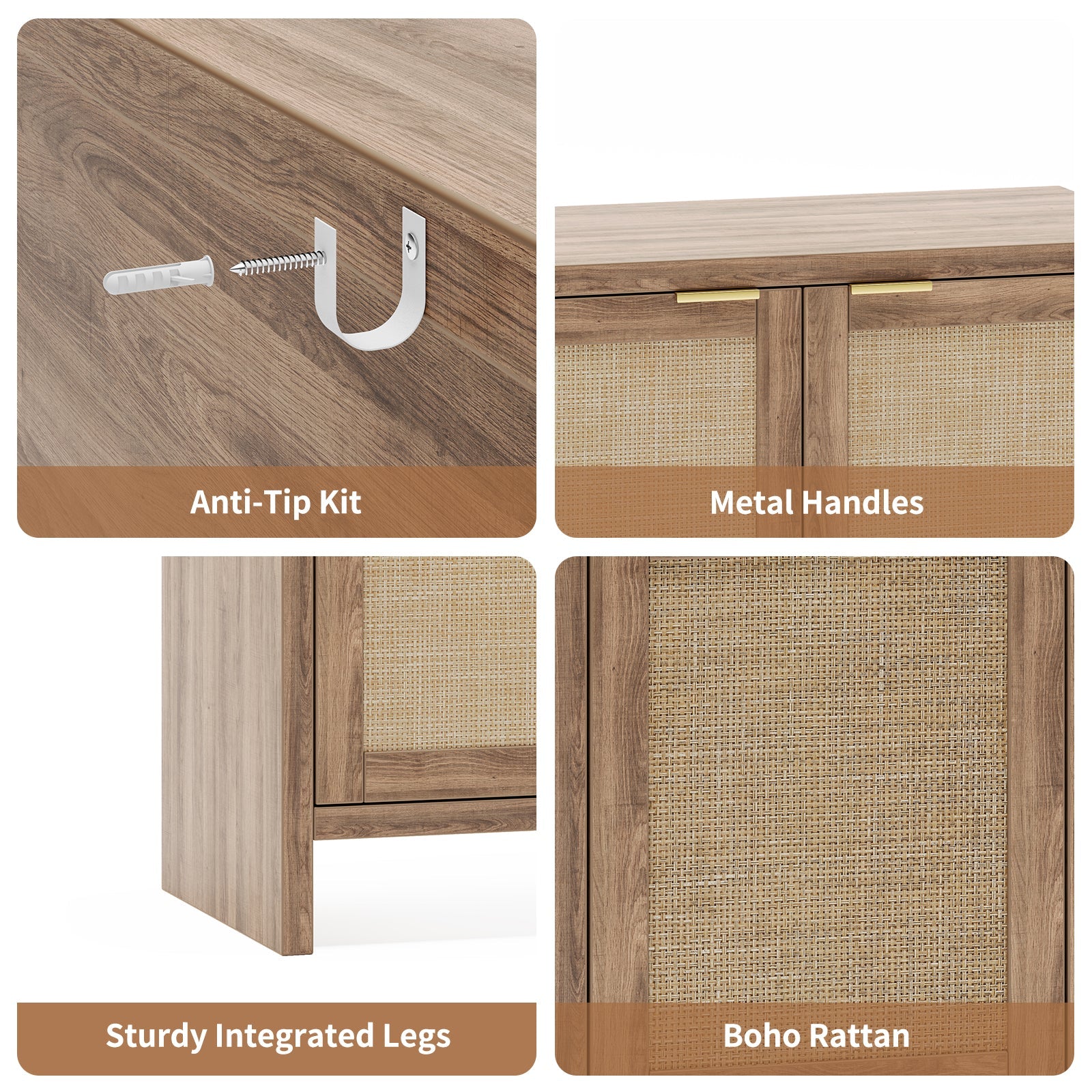 61.5" Rattan TV Stand for TVs up to 65", 4-Door, Walnut