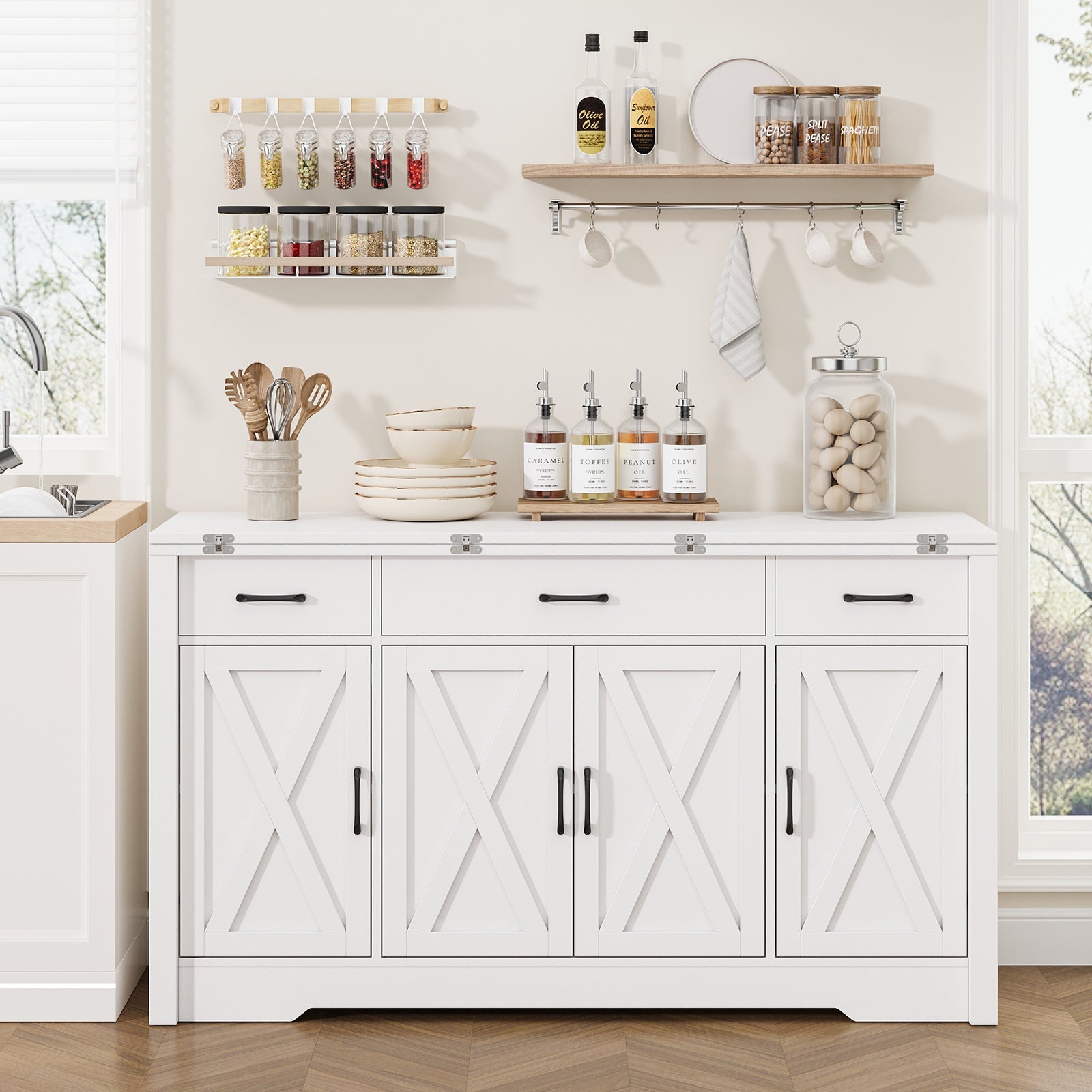 15"–30" Expandable Sideboard with 3 Drawers, White